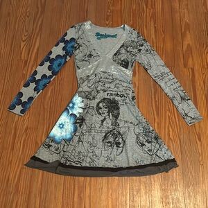 EUC Desigual Knit Rainbow Flower Girl Faces Long Sleeve Mini Dress S